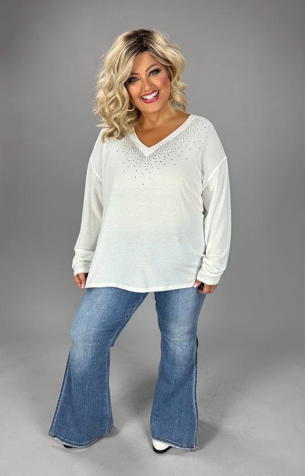 SALE!! 30 SD {Comfy Glam} VOCAL Off White Rhinestone V-Neck Top PLUS SIZE XL 2X 3X