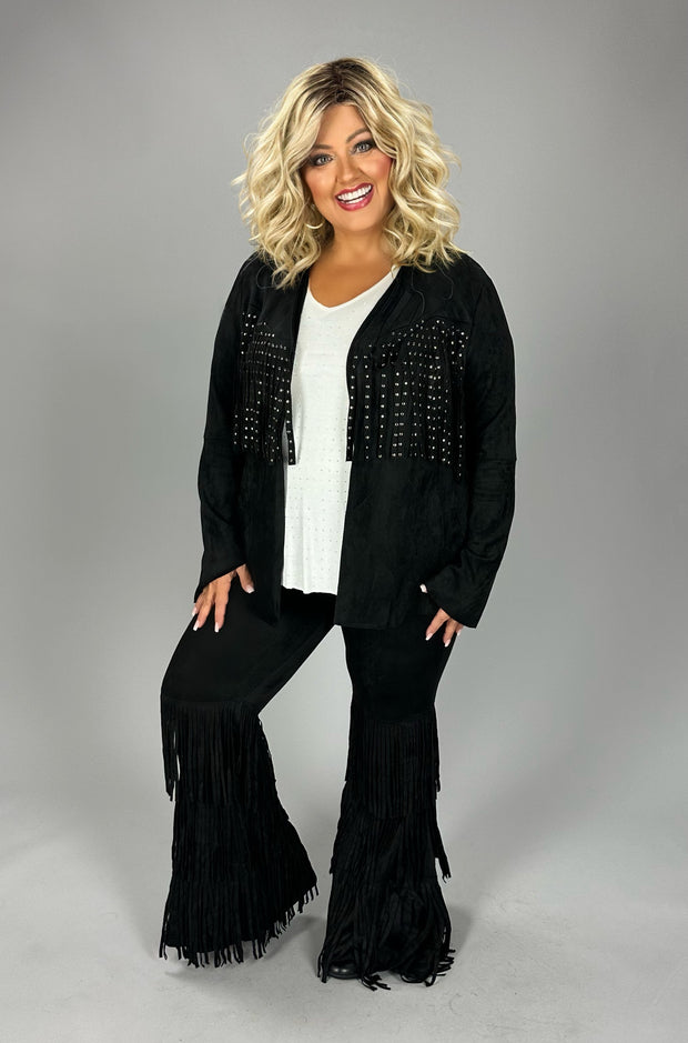 SALE!! 43 OT [Fringe for the Win} VOCAL Black Suede Fringed  Studded Jacket  PLUS SIZE 1X 2X 3X