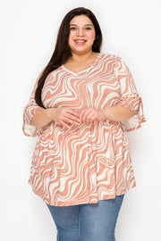 34 PSS {Come Closer} Beige Swirl Print V-Neck Top EXTENDED PLUS SIZE 3X 4X 5X