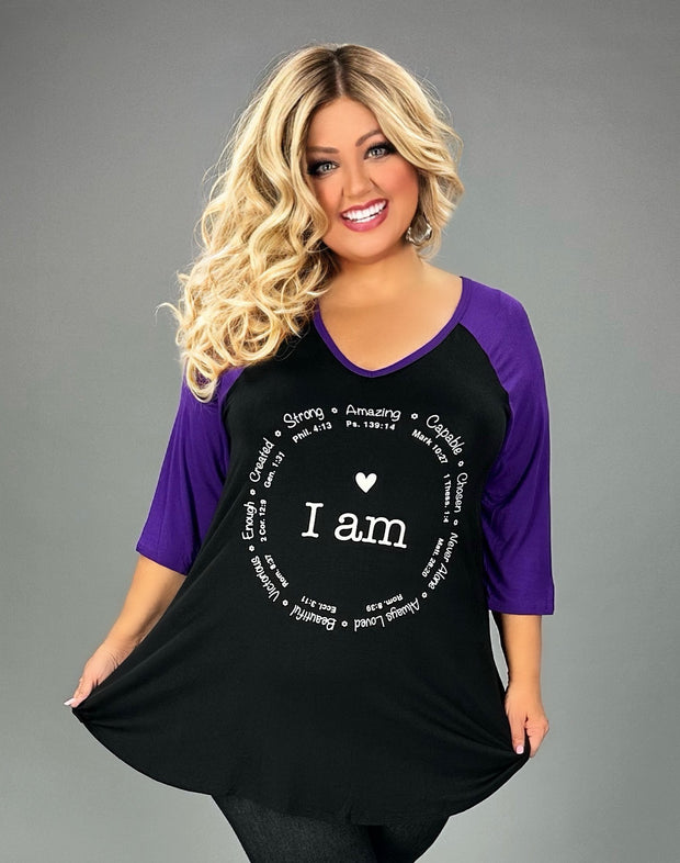 SALE!! 47 GT {I Am} Black/Purple Graphic Tee CURVY BRAND!!!  PLUS SIZE XL 2X 3X 4X 5X 6X (May Size Down 1 Size)