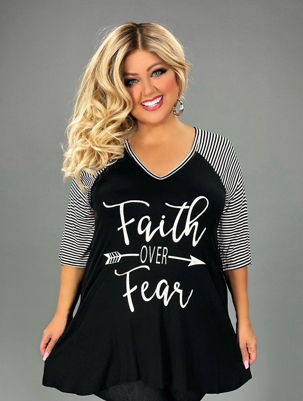 26 GT {Choose "Faith Over Fear"}  Black/White Stripe Graphic Tee  CURVY BRAND!!!  PLUS SIZE XL 2X 3X 4X 5X 6X (May Size Down 1 Size}