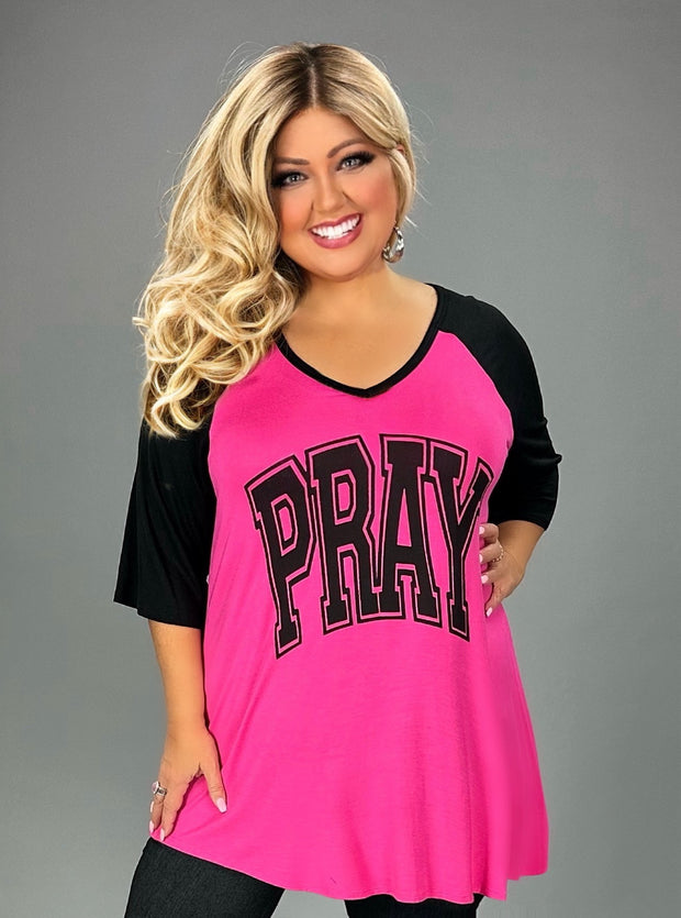 48 GT {Curvy Pray} Fuchsia/Black "Pray" Graphic Tee CURVY BRAND!!!  EXTENDED PLUS SIZE XL 2X 3X 4X 5X 6X (May Size Down 1 Size)