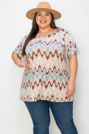 57 PSS {New Wave Fashion} Taupe/Brown Wave Print Top EXTENDED PLUS SIZE 4X 5X 6X