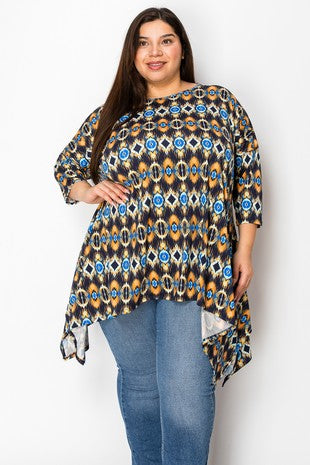 55 PQ {Bright Eyes} Navy/Orange Print Asymmetrical Top EXTENDED PLUS SIZE 3X 4X 5X