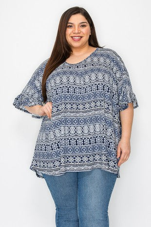 54 PSS {Be Inspired} Navy Multi Print Ruffle Sleeve Top EXTENDED PLUS SIZE 4X 5X 6X