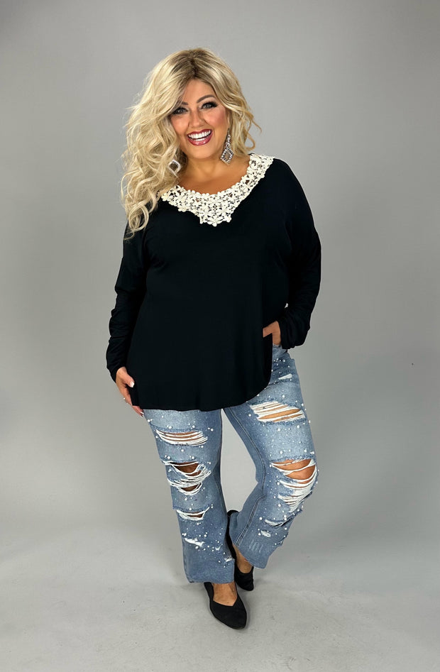 32 SD {Shine Like A Diamond} Black Top w/Ivory Crochet Neck PLUS SIZE 1X 2X 3X