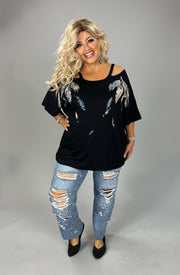 39 OS {Stick Together} VOCAL Black Cold Shoulder Feather Graphic Top PLUS SIZE XL 2X 3X