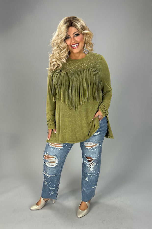 SALE!! 82 SLS {Through My Eyes} VOCAL Olive Fringe & Rhinestone Detail Top PLUS SIZE XL 2X 3X