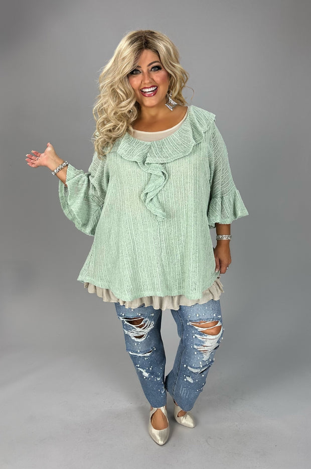 25 SSS [Can't Talk Now} Ruffle Neck Open Weaved Mint Sweater EXTENDED PLUS SIZE 4X 5X 6X