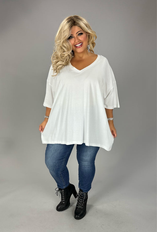 46 SSS-G {Charm Me} White Oversized V-Neck Top  PLUS SIZE 1X 2X 3X