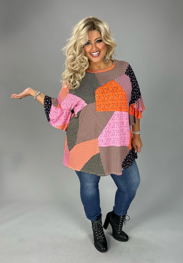 27 PSS {More Than Patchwork} Coral/Brown Patchwork Top EXTENDED PLUS SIZE 4X 5X 6X