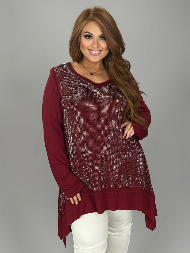 64 SD {Swing With Me} VOCAL Burgundy Rhinestone  V-Neck Top PLUS SIZE 1X 2X 3X