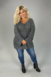 81 SLS {Vague Answers} Charcoal Open Knit  V-Neck Sweater PLUS SIZE XL 2X 3X