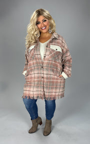 29 OT {Morning Coffee} Pink/Brown Plaid Shacket W Frayed Hem PLUS SIZE 3X