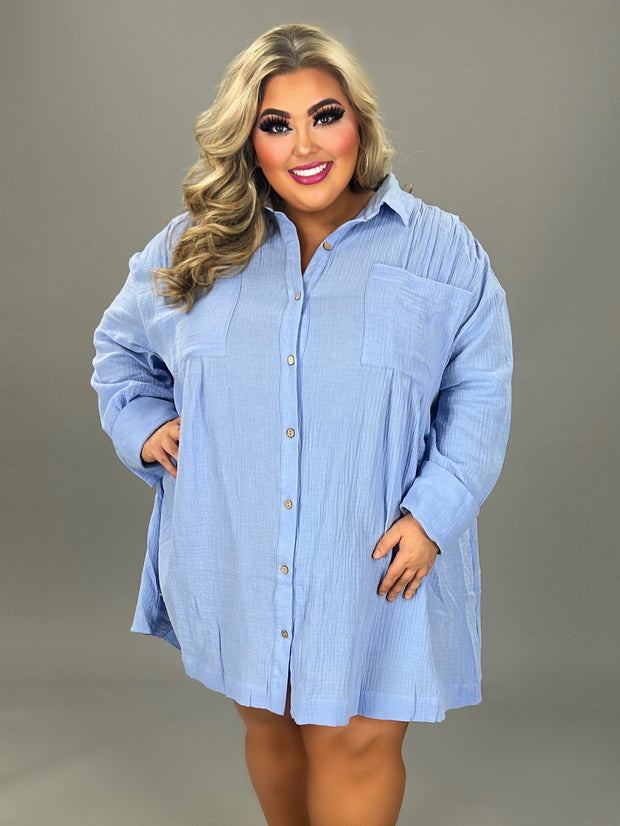 11 SLS {Total Harmony} Sky Blue Button Up Long Top PLUS SIZE 1X 2X 3X