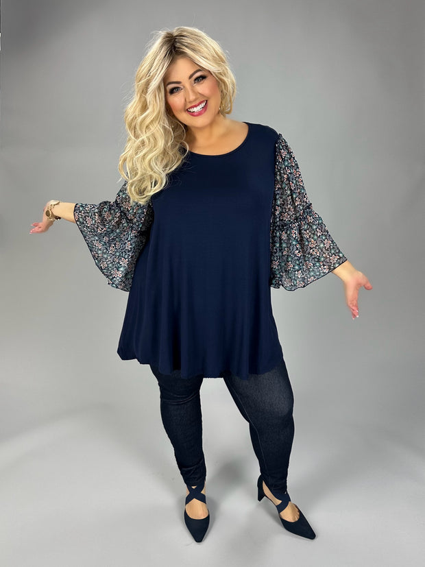 21 CP {My Very Own} Navy Floral Sleeve Contrast Top EXTENDED PLUS SIZE 1X 2X 3X 4X