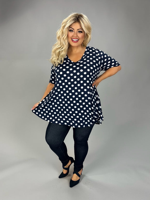 17 PSS {Spotted You} Navy White Polka Dot Print V-Neck Top EXTENDED PLUS SIZE 3X 4X 5X