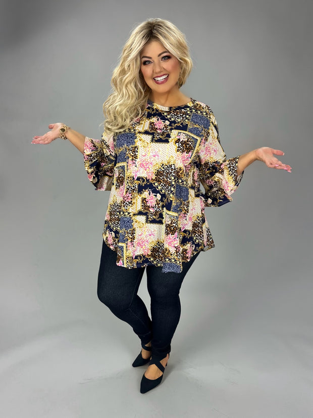 21 PQ {Royal Worthy} Navy Gold Multi Print Ruffle Sleeve Top EXTENDED PLUS SIZE 4X 5X 6X