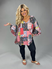 39 PQ {Longing For Home} Coral Mixed Print Patchwork Top EXTENDED PLUS SIZE 4X 5X 6X