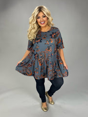 51 PSS {Touch Of Fire} Grey Burnt Orange Floral Print Top EXTENDED PLUS SIZE 3X 4X 5X