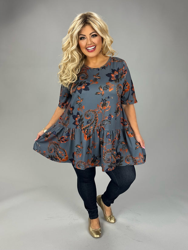 51 PSS {Touch Of Fire} Grey Burnt Orange Floral Print Top EXTENDED PLUS SIZE 3X 4X 5X