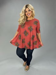 52 PSS {Classic Gal} Brick Red Floral Round Hem Top EXTENDED PLUS SIZE 3X 4X 5X