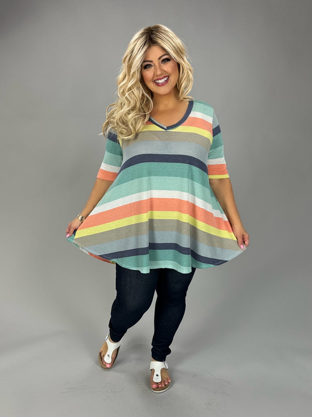 17 PSS {Chasing Sunsets} Orange Multi Stripe V-Neck Top EXTENDED PLUS SIZE 3X 4X 5X