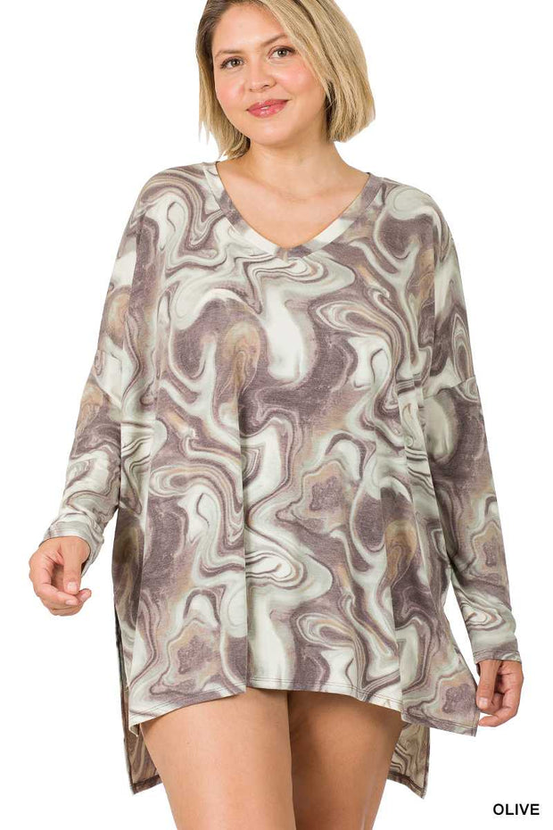 24 PLS [Saw You Looking}  Olive/Grey Marbled Print Top PLUS SIZE 1X 2X 3X