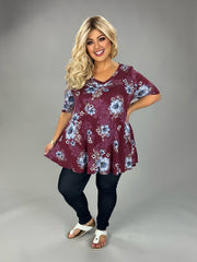 28 PSS {Wine Garden} Wine Blue Floral V-Neck Top EXTENDED PLUS SIZE 3X 4X 5X