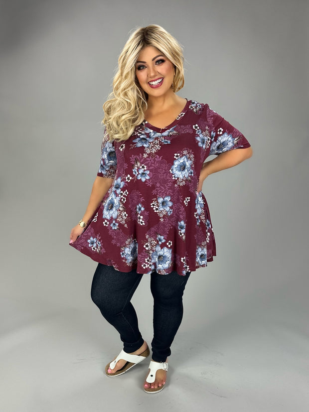 28 PSS {Wine Garden} Wine Blue Floral V-Neck Top EXTENDED PLUS SIZE 3X 4X 5X