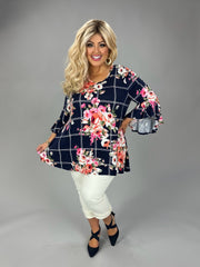 22 PQ {On Every Word} Navy Floral Windowpane Top PLUS SIZE 1X 2X 3X