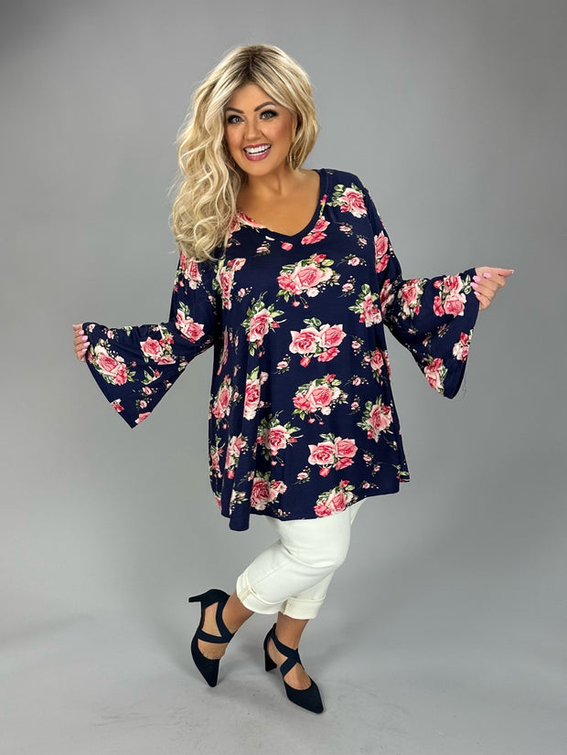 25 PQ {Good Karma} Navy Pink Floral V-Neck Bell Sleeve Top EXTENDED PLUS SIZE 3X 4X 5X