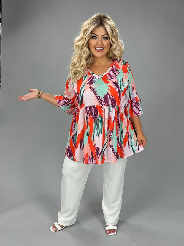 28 PQ {Going For It} Multi Brushstroke Print Babydoll Top EXTENDED PLUS SIZE 3X 4X 5X