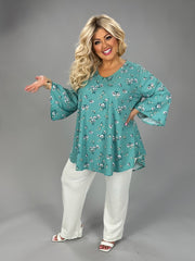 47 PQ {A Beauty Within} Light Jade Floral Ribbed V-Neck Top EXTENDED PLUS SIZE 3X 4X 5X