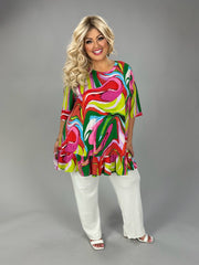 51 PSS {Turn Around} Pink Multi Abstract Print Ruffle Hem Top EXTENDED PLUS SIZE 3X 4X 5X