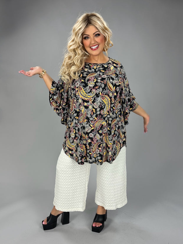 22 PQ {An Evening Affair} Black Yellow Paisley Print Top EXTENDED PLUS SIZE 3X 4X 5X