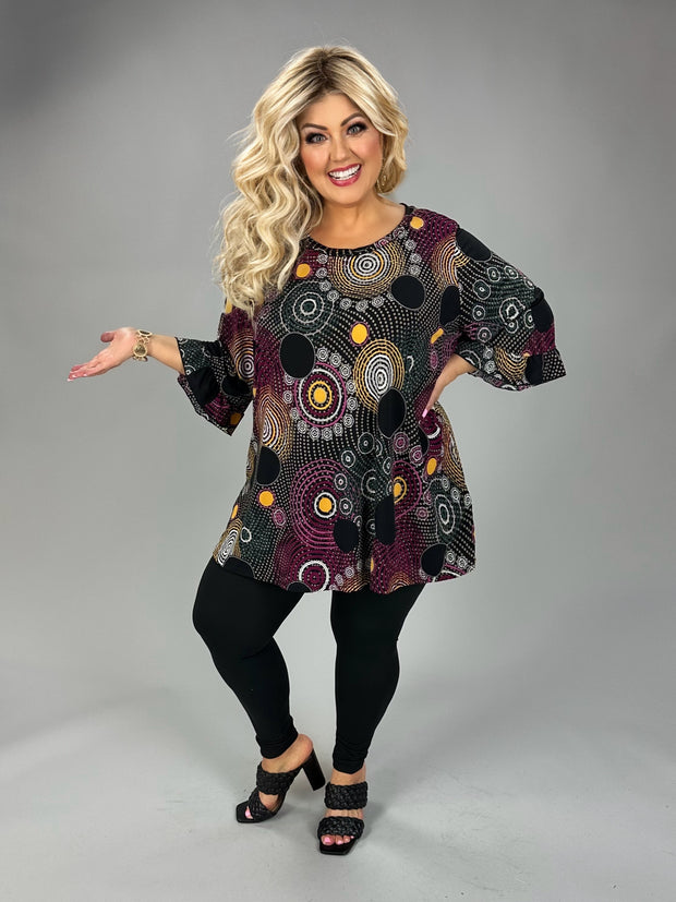 53 PQ {Inner Circle} Black Multi Circle Print Ruffle Sleeve Top EXTENDED PLUS SIZE 4X 5X 6X