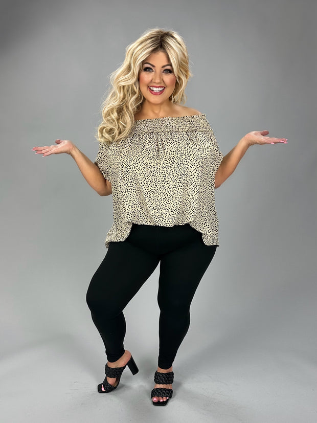 52 OS {Prowl Time} Taupe Black Spot Print Off Shoulder Top PLUS SIZE 1X 2X 3X