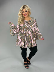 36 PQ {Timeless Fashion} Pink Gold Print Tie Neck Top EXTENDED PLUS SIZE 3X 4X 5X