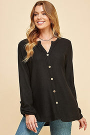 84 SD {Casual Charisma} Black Button Up V-Neck Top w/ Cuffed Sleeves PLUS SIZE XL 2X 3X