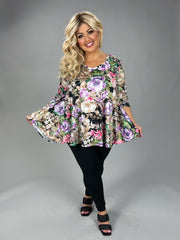 35 PLS {Delicate Gaze} Black Multi Floral V-Neck Top EXTENDED PLUS SIZE 3X 4X 5X