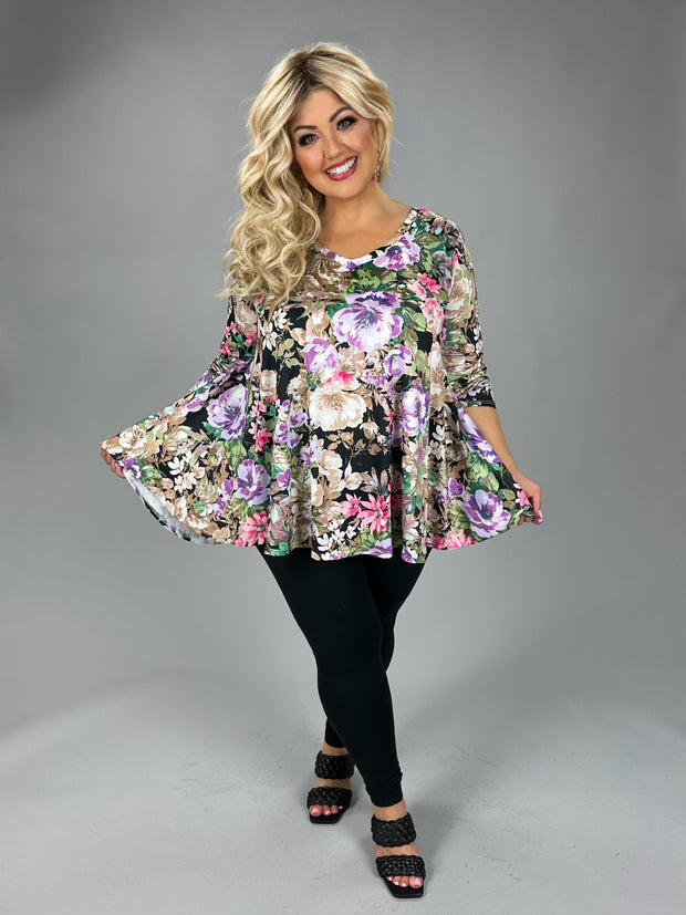 35 PLS {Delicate Gaze} Black Multi Floral V-Neck Top EXTENDED PLUS SIZE 3X 4X 5X