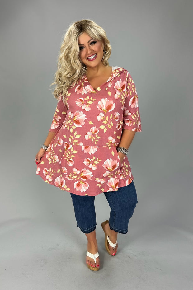 36 HD {As Pretty Does} Pink Floral Short Sleeve Hoodie CURVY BRAND EXTENDED PLUS SIZE 3X 4X 5X