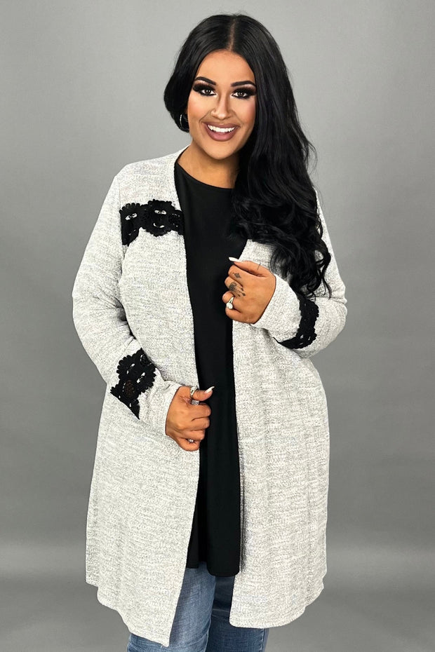 40 OT {I Never Knew} VOCAL Grey Cardigan w/ Black Lace Detail PLUS SIZE XL 2X 3X