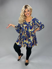 30 PSS {Borrowed Time} Blue Yellow Swirl Print V-Neck Top EXTENDED PLUS SIZE 3X 4X 5X