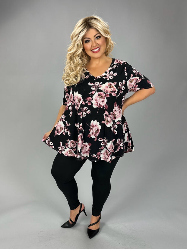 33 PSS {Love Without Limits} Black Pink Floral V-Neck Top EXTENDED PLUS SIZE 3X 4X 5X