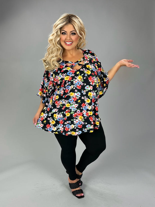 16 PSS {Uptown Meeting} Black Floral Cross Neck Top EXTENDED PLUS SIZE 1X 2X 3X 4X 5X 6X