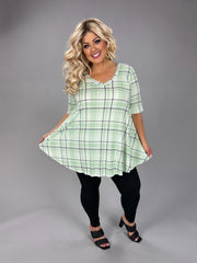 36 PSS {Give Me A Reason} Light Green Plaid V-Neck Top EXTENDED PLUS SIZE 3X 4X 5X