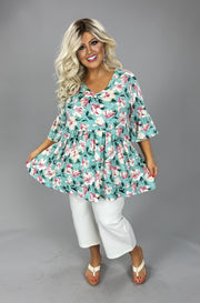 37 PSS {Elevation Of Style} Mint Floral V-Neck Babydoll Top EXTENDED PLUS SIZE 3X 4X 5X