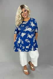 28 PSS {Color Me Pretty} Royal Blue Sketch Floral Top EXTENDED PLUS SIZE 3X 4X 5X